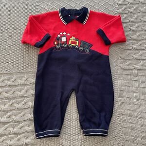 Vintage Carriage Boutiques Red And Blue Train Romper ~ 12M